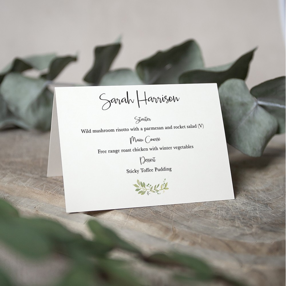 'Green Floral Watercolour' Menu Place Card