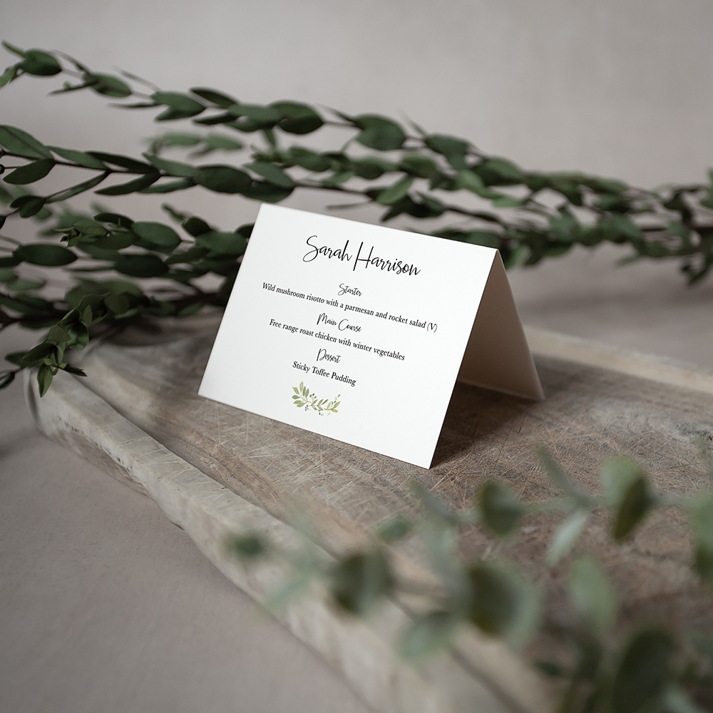 'Green Floral Watercolour' Menu Place Card