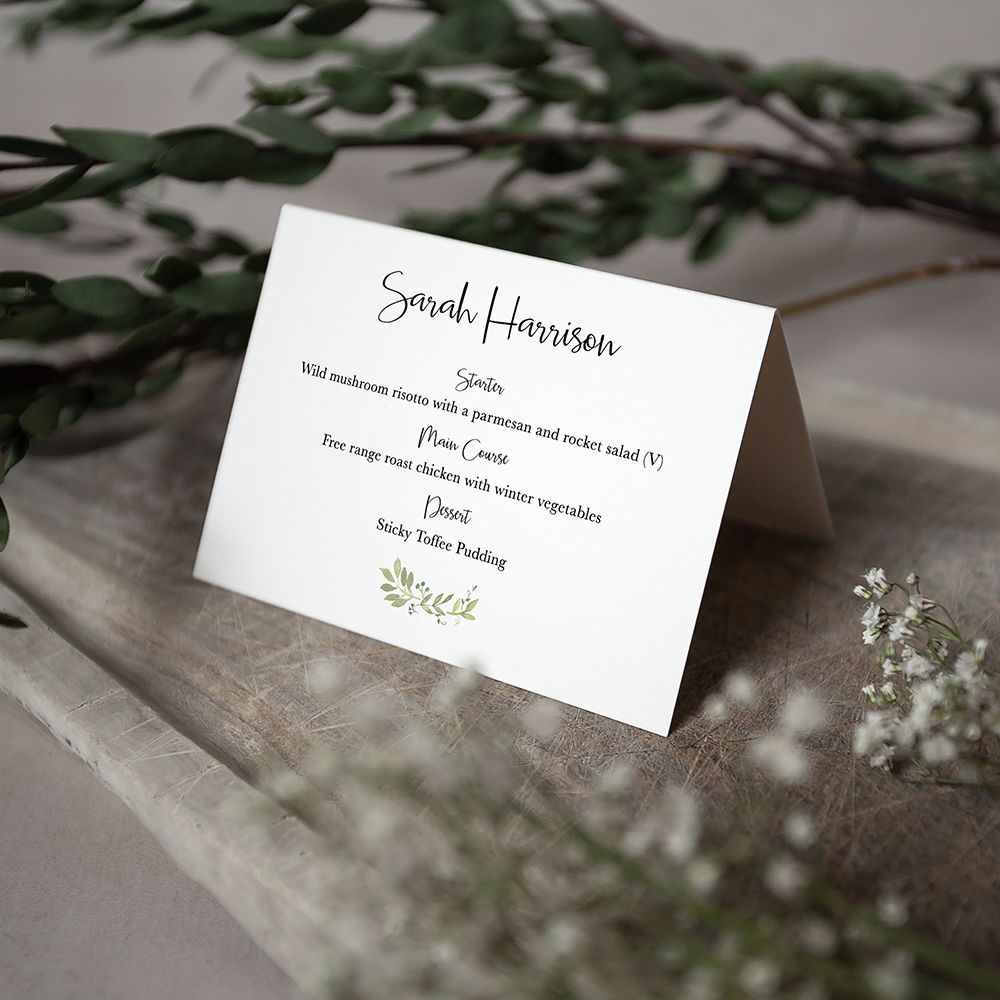 'Green Floral Watercolour' Menu Place Card