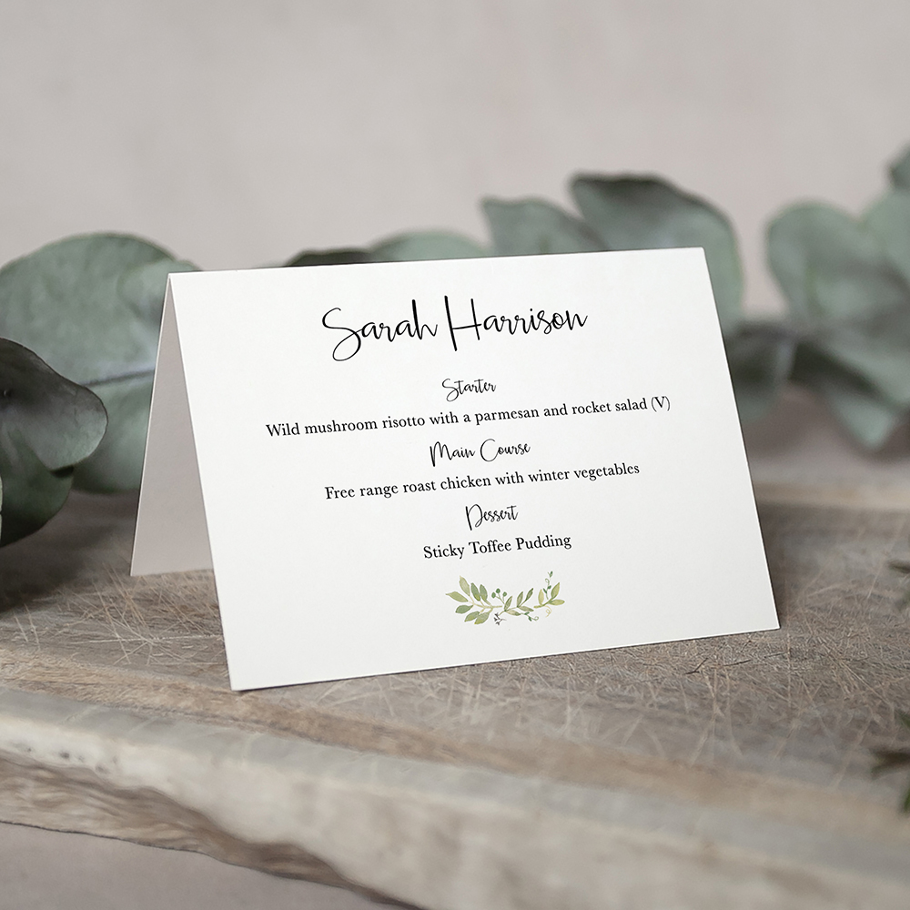 'Green Floral Watercolour' Menu Place Card
