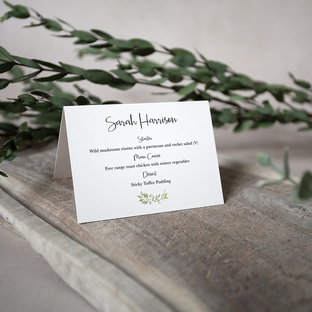 'Green Floral Watercolour' Menu Place Card