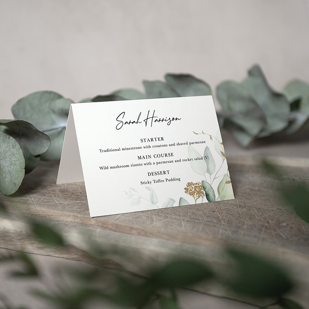 'Green & Gold Eucalyptus' Menu Place Card