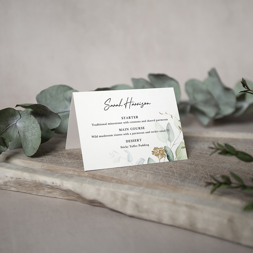 'Green & Gold Eucalyptus' Menu Place Card