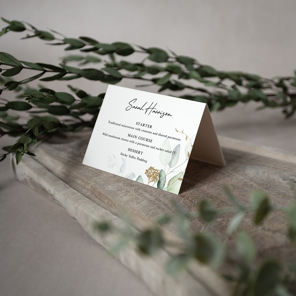 'Green & Gold Eucalyptus' Menu Place Card