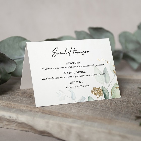 'Green & Gold Eucalyptus' Menu Place Card