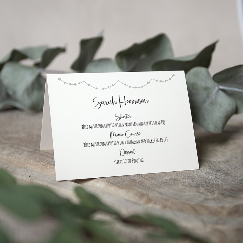 'Grey Heart Bunting' Menu Place Card