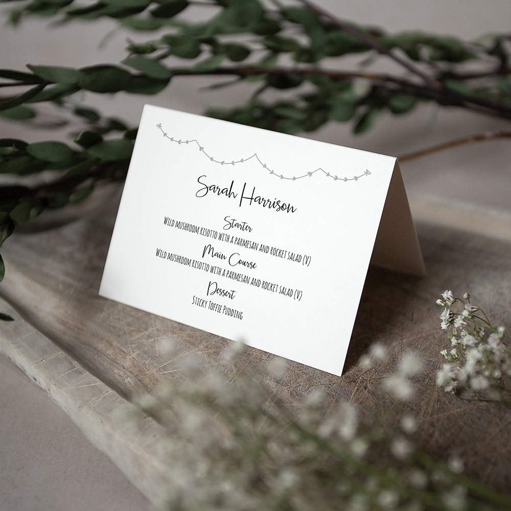 'Grey Heart Bunting' Menu Place Card