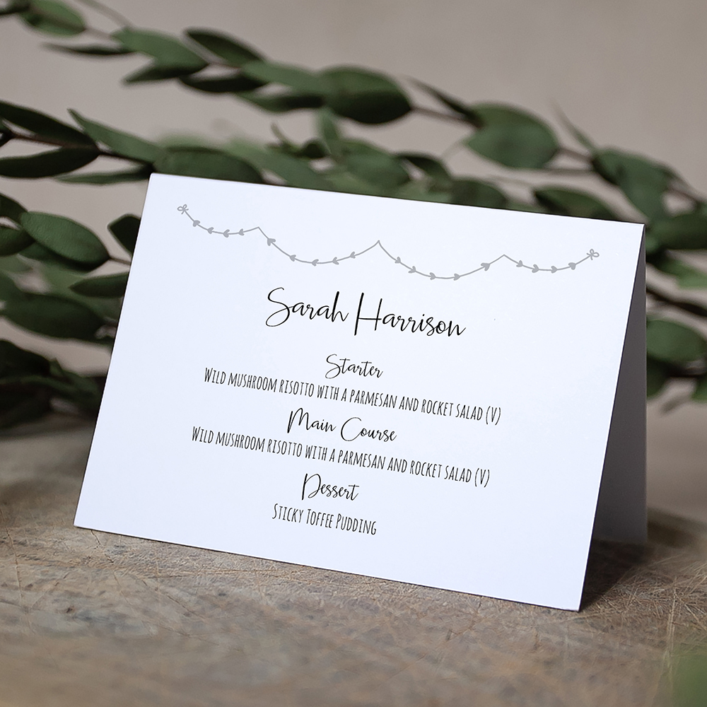 'Grey Heart Bunting' Menu Place Card