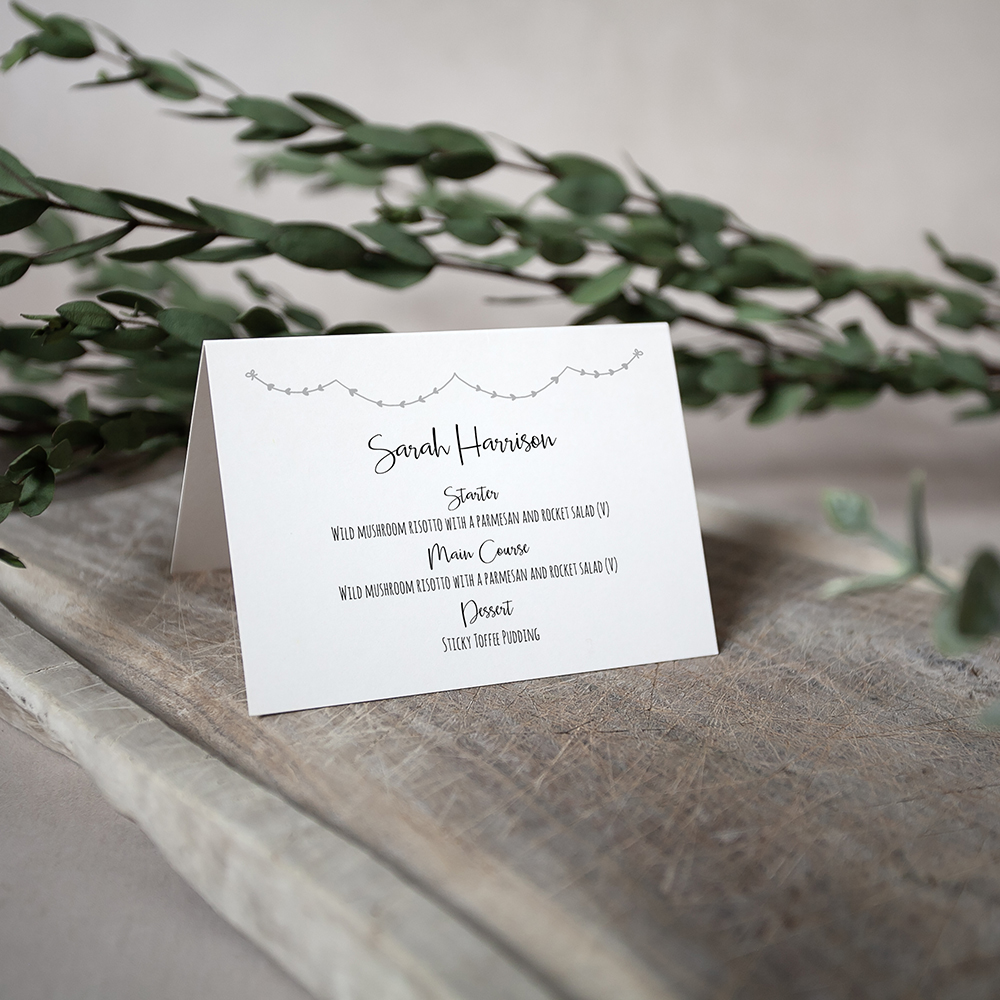 'Grey Heart Bunting' Menu Place Card