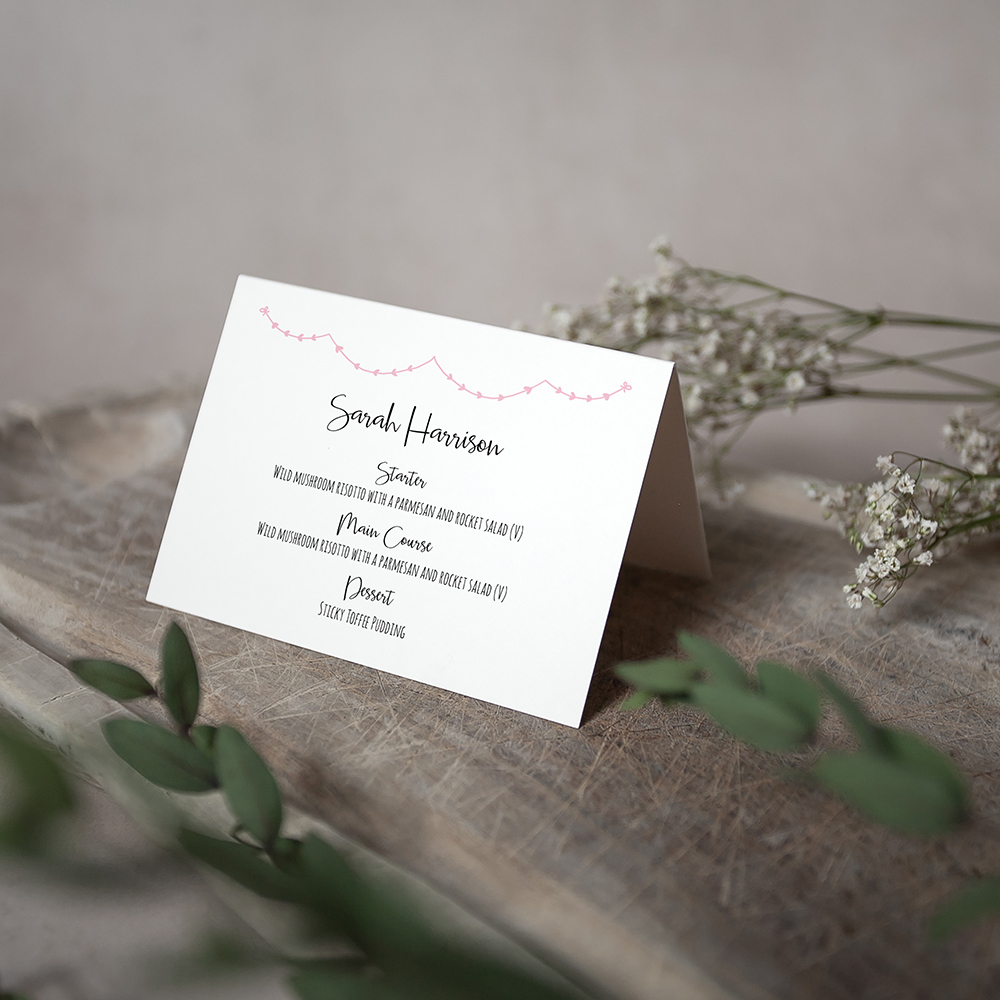 'Pink Heart Bunting' Menu Place Card