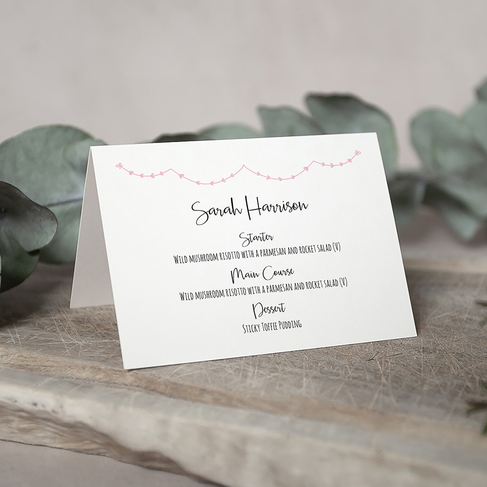 'Pink Heart Bunting' Menu Place Card