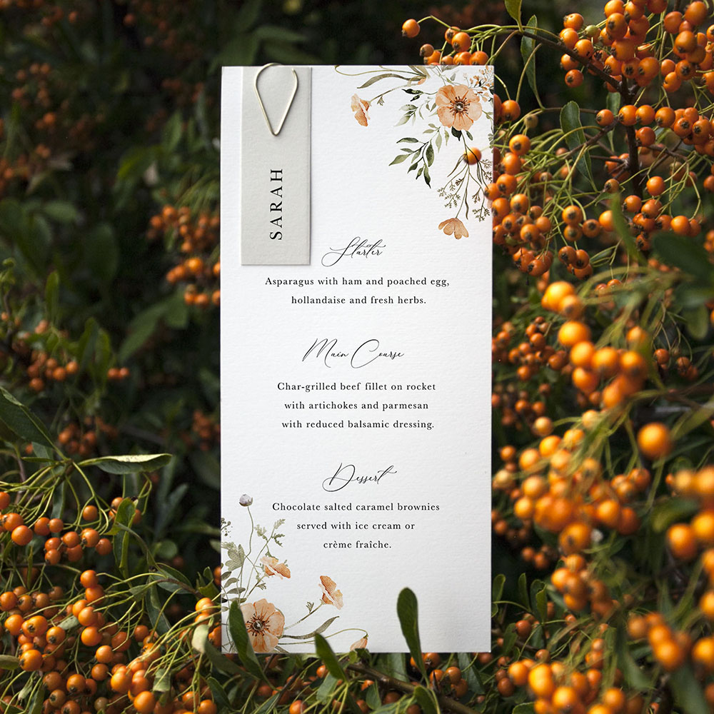 'Autumn Floral' Tag Wedding Menu - Slim