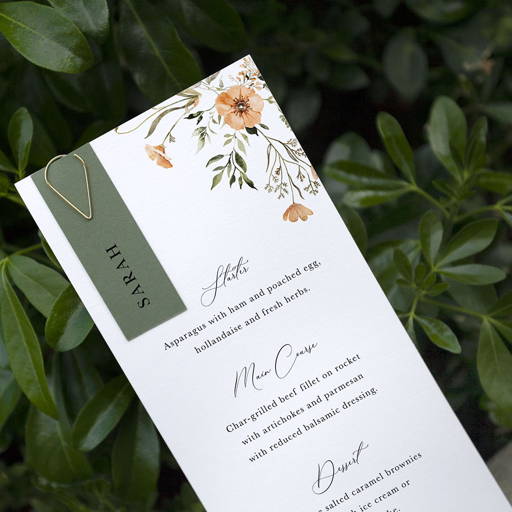 'Autumn Floral' Tag Wedding Menu - Slim