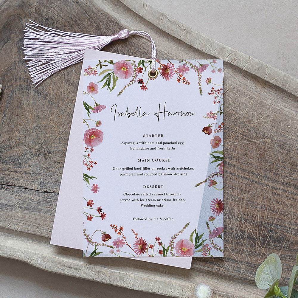 'Pink Garden of Paradise' Layered Vellum Menu
