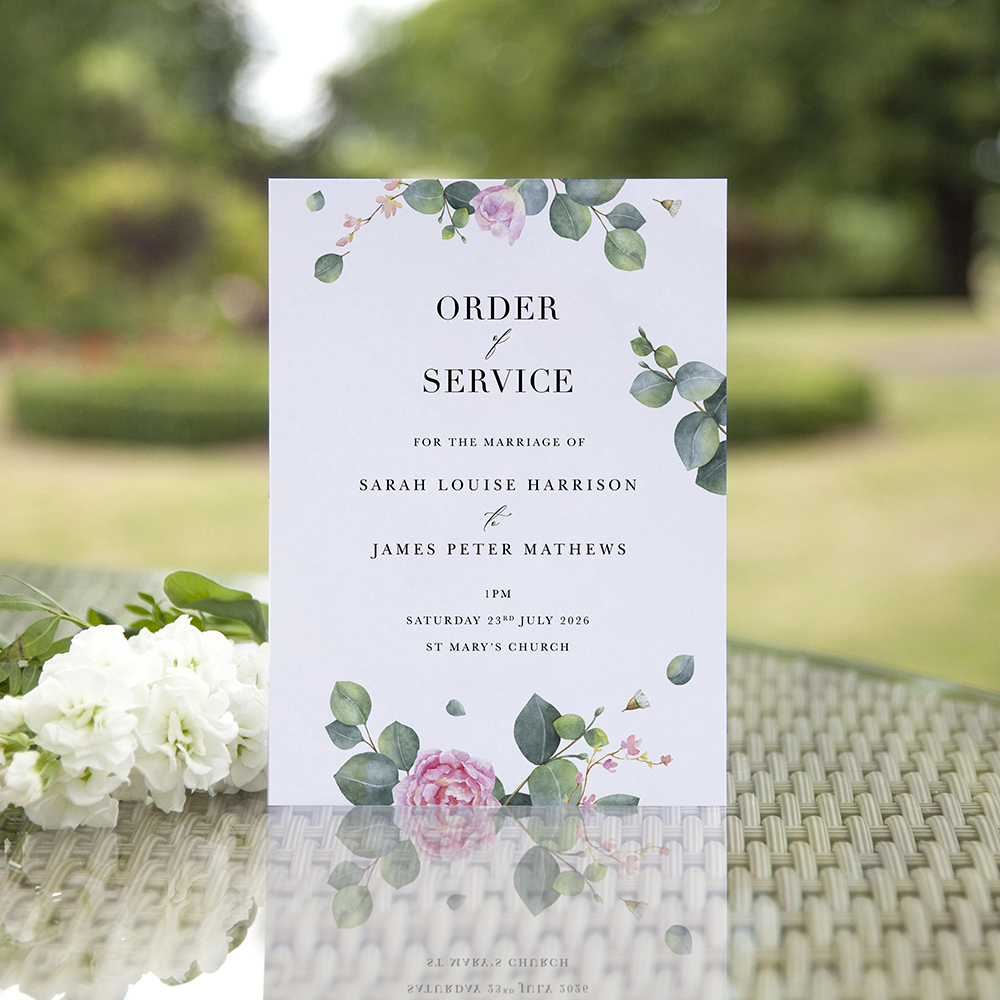 'Eucalyptus Blush' Folded Order of Service Sample