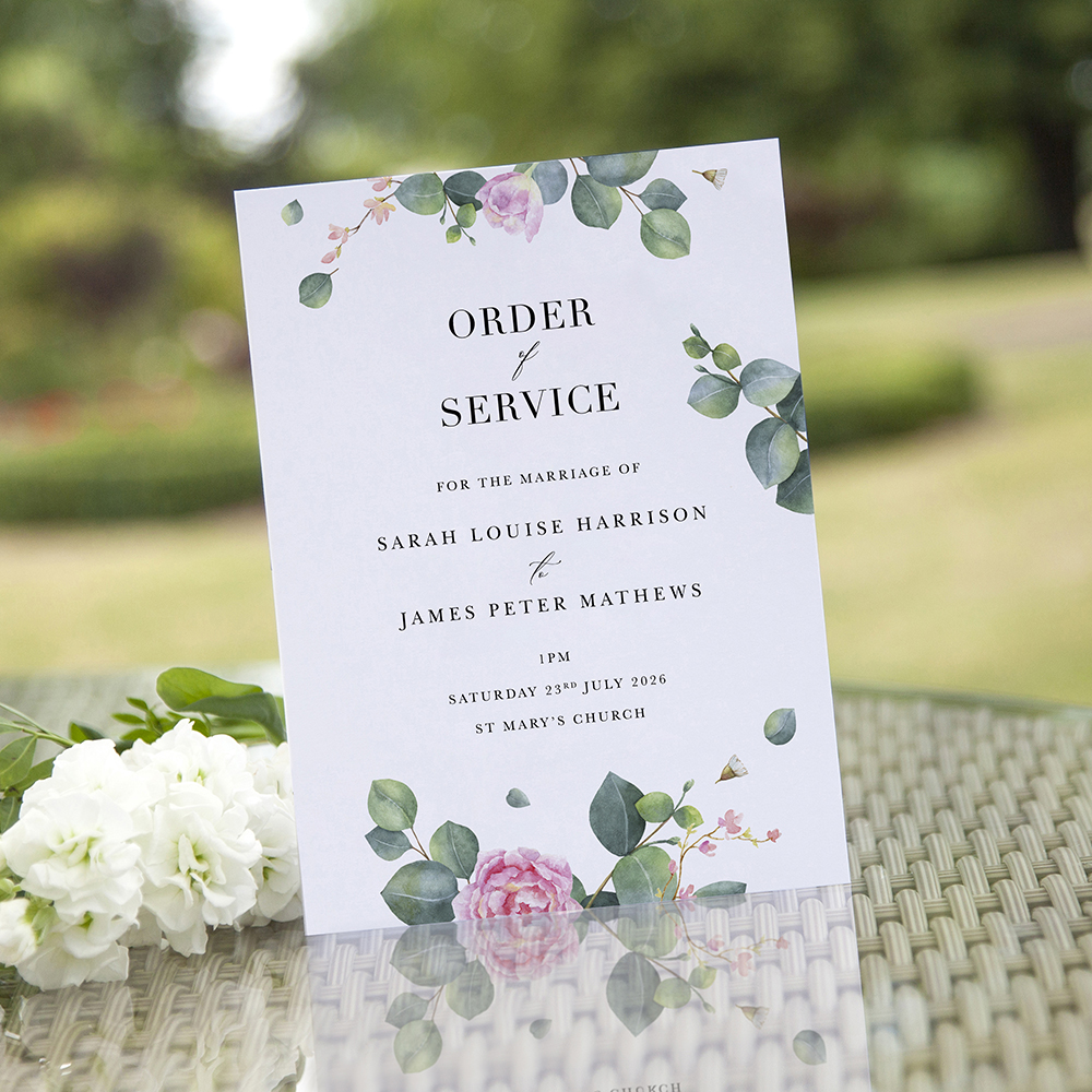 'Eucalyptus Blush' Folded Order of Service Sample