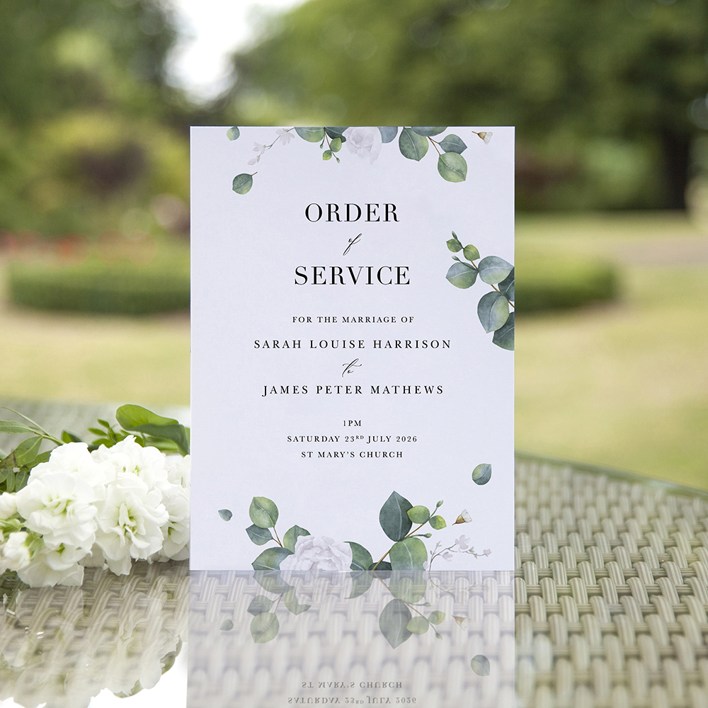 'Eucalyptus White' Folded Order of Service Sample