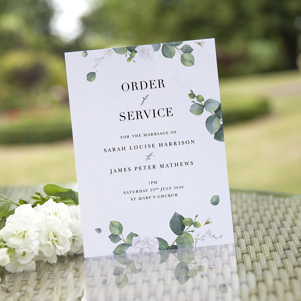 'Eucalyptus White' Folded Order of Service Sample
