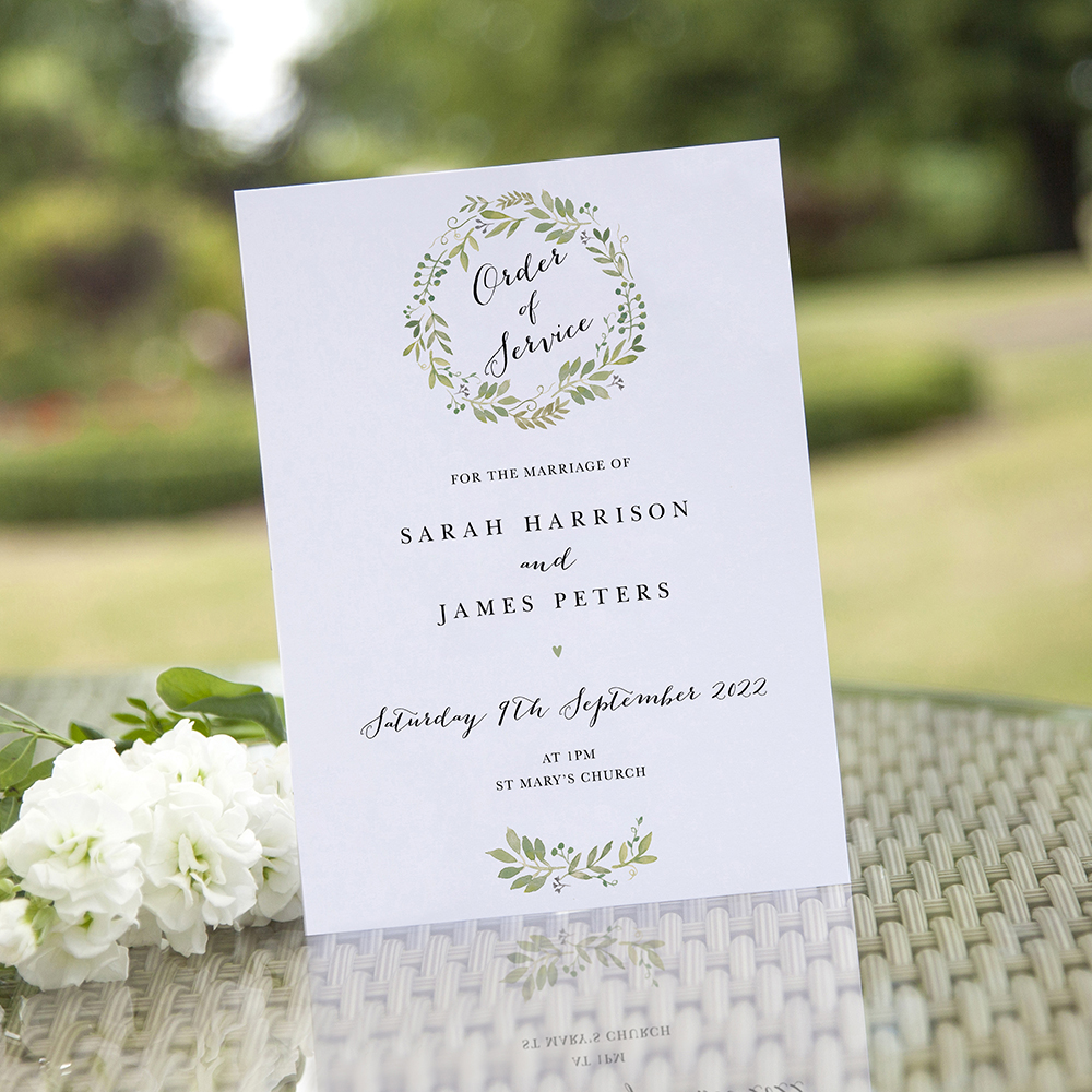 'Green Floral Watercolour' Folded Order of Service Sample