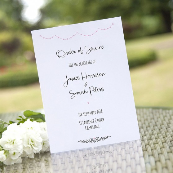 'Pink Heart Bunting' Folded Order of Service