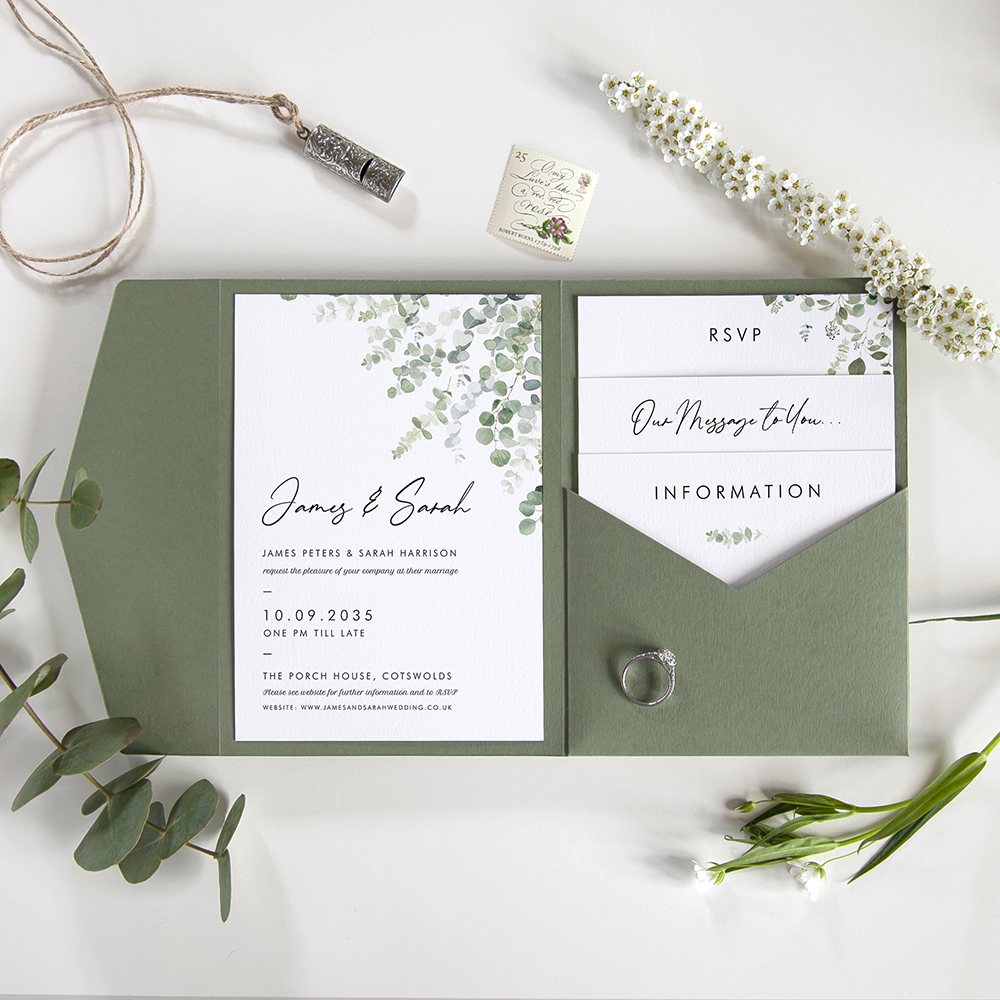 'Classic Eucalyptus' Pocketfold Wedding Invitation Sample