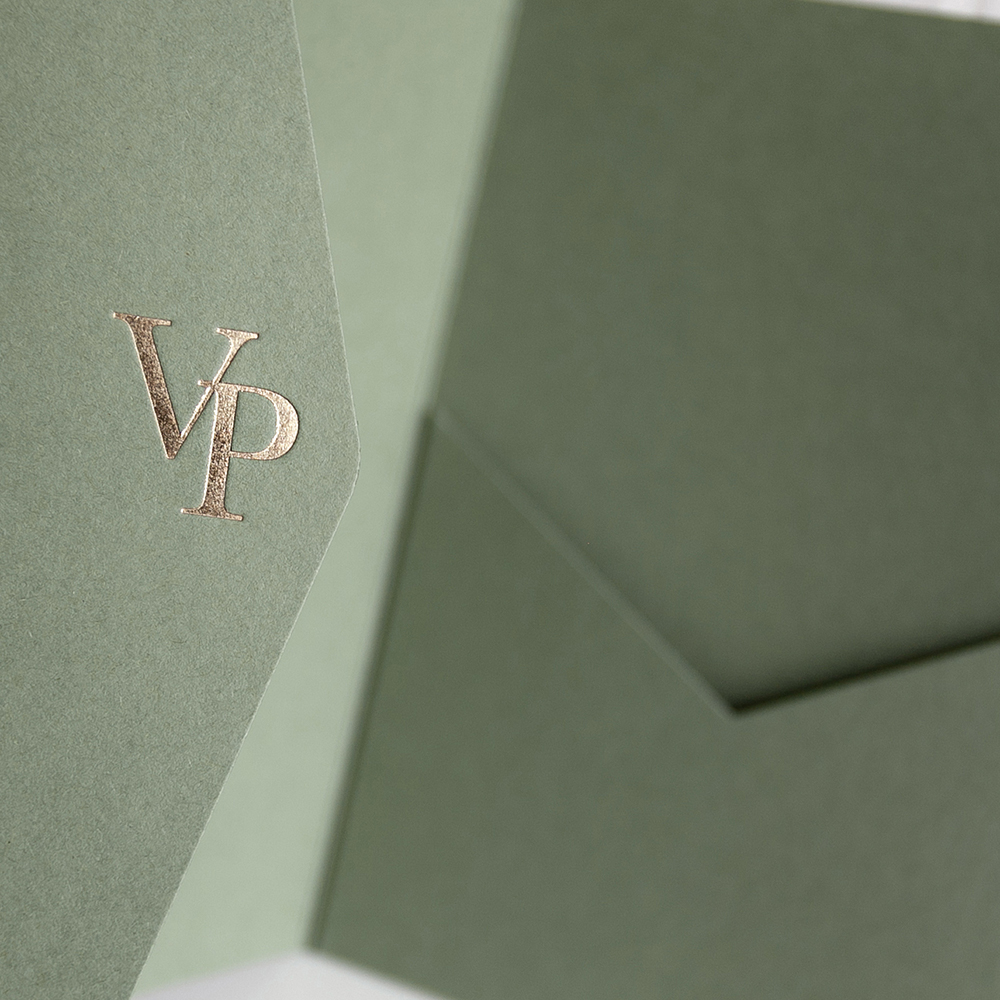 Foil Pressed DIY Sage Green Pocketfold Envelopes Letterpress Style