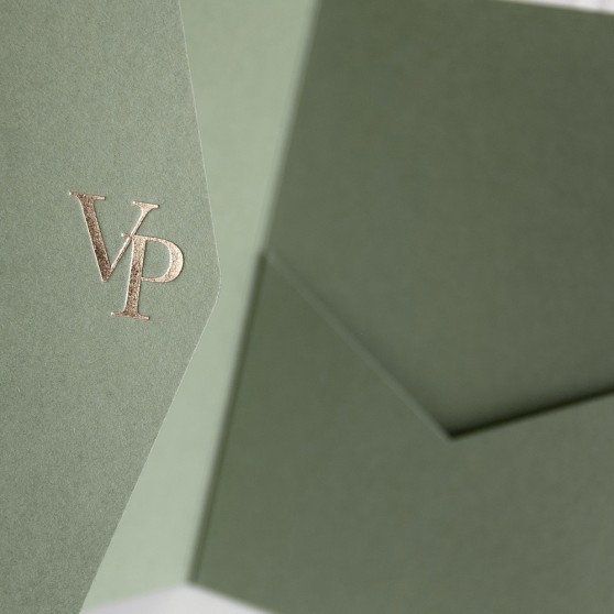 Foil Pressed DIY Sage Green Pocketfold Envelopes Letterpress Style