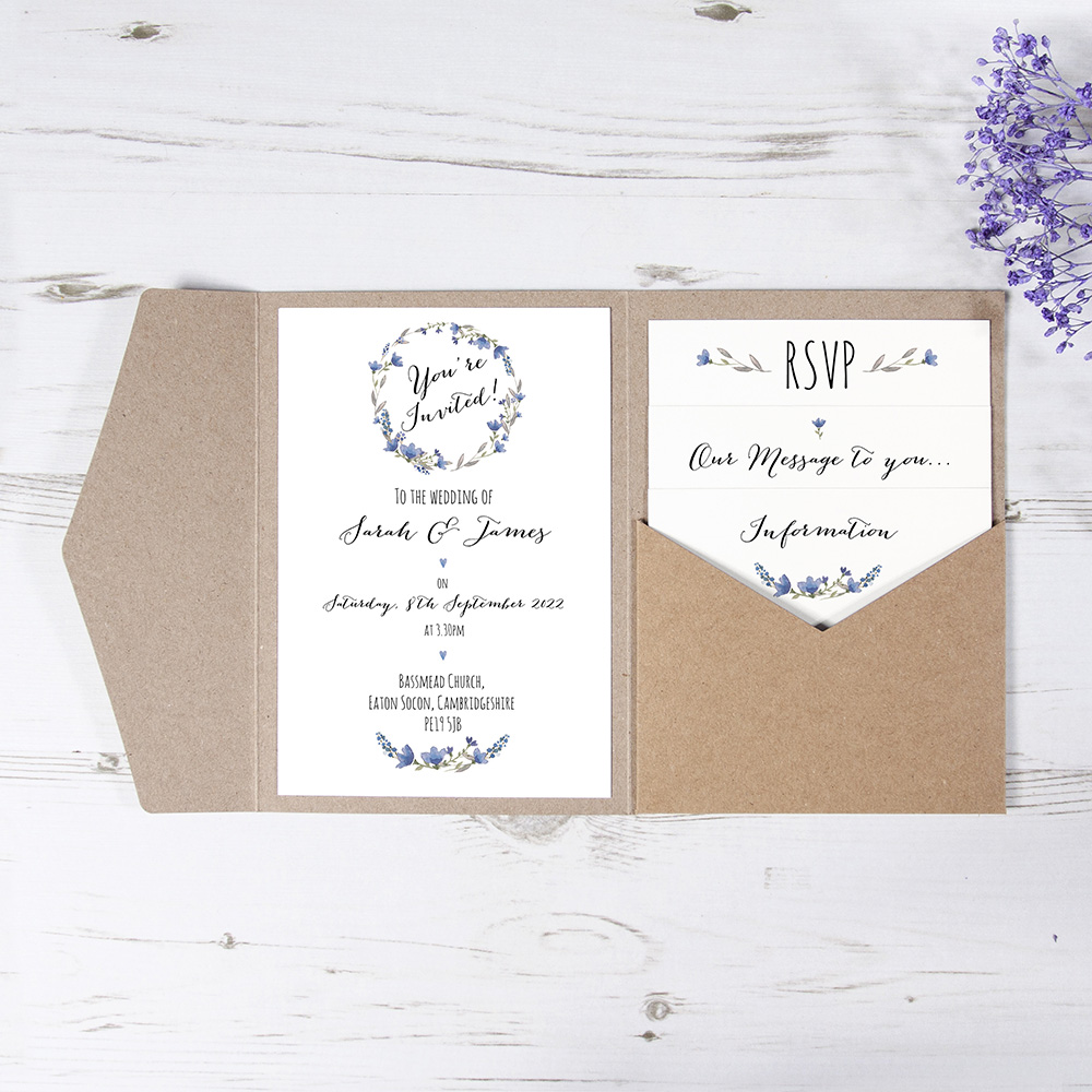 'Blue Floral Watercolour' Pocketfold Wedding Invitation