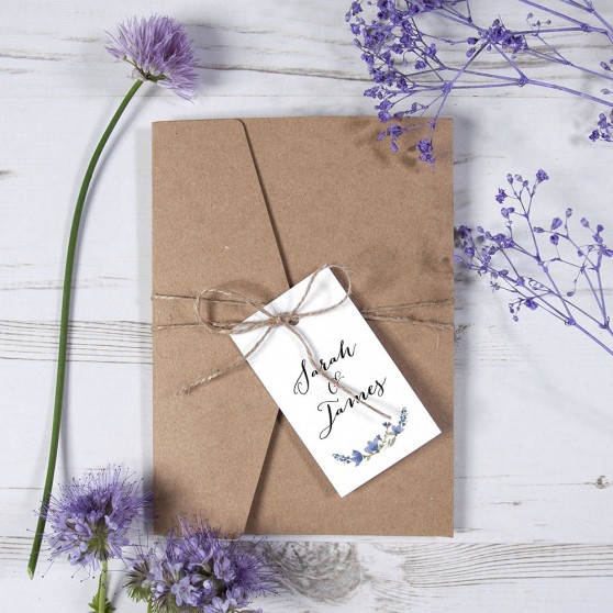'Blue Floral Watercolour' Pocketfold Wedding Invitation Sample