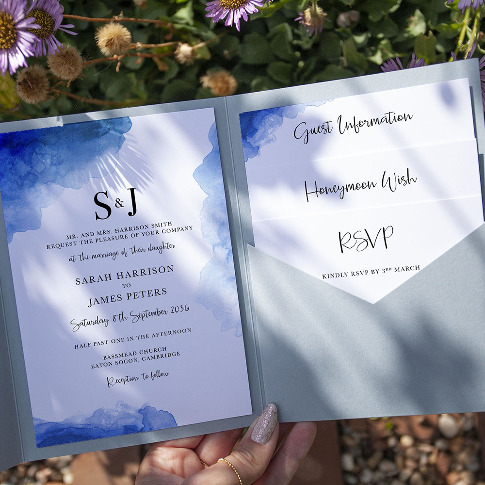 'Blue Watercolour Splash' Pocketfold Wedding Invitation Sample