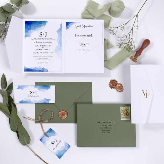 'Blue Watercolour Splash' Pocketfold Wedding Invitation Sample
