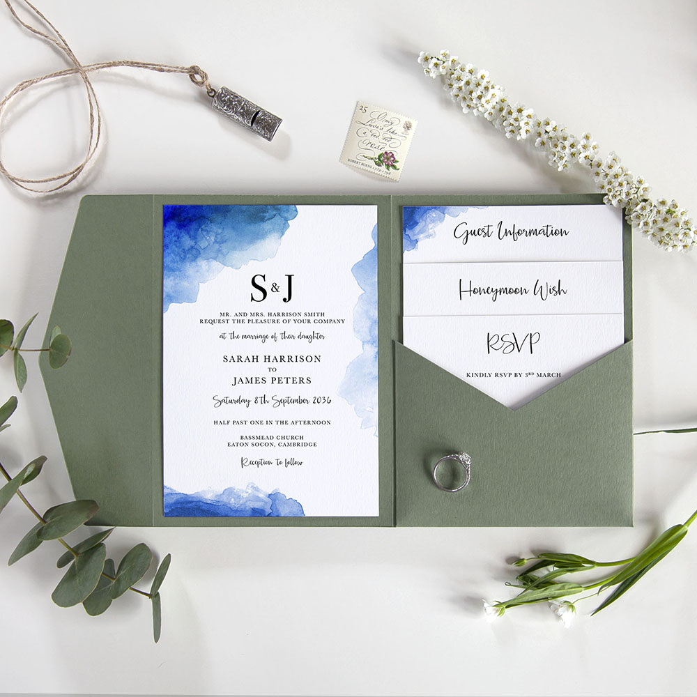 'Blue Watercolour Splash' Pocketfold Wedding Invitation Sample
