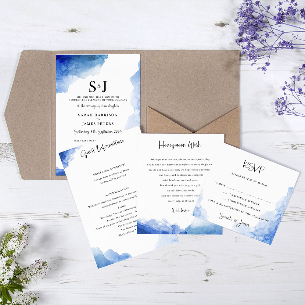 'Blue Watercolour Splash' Pocketfold Wedding Invitation Sample