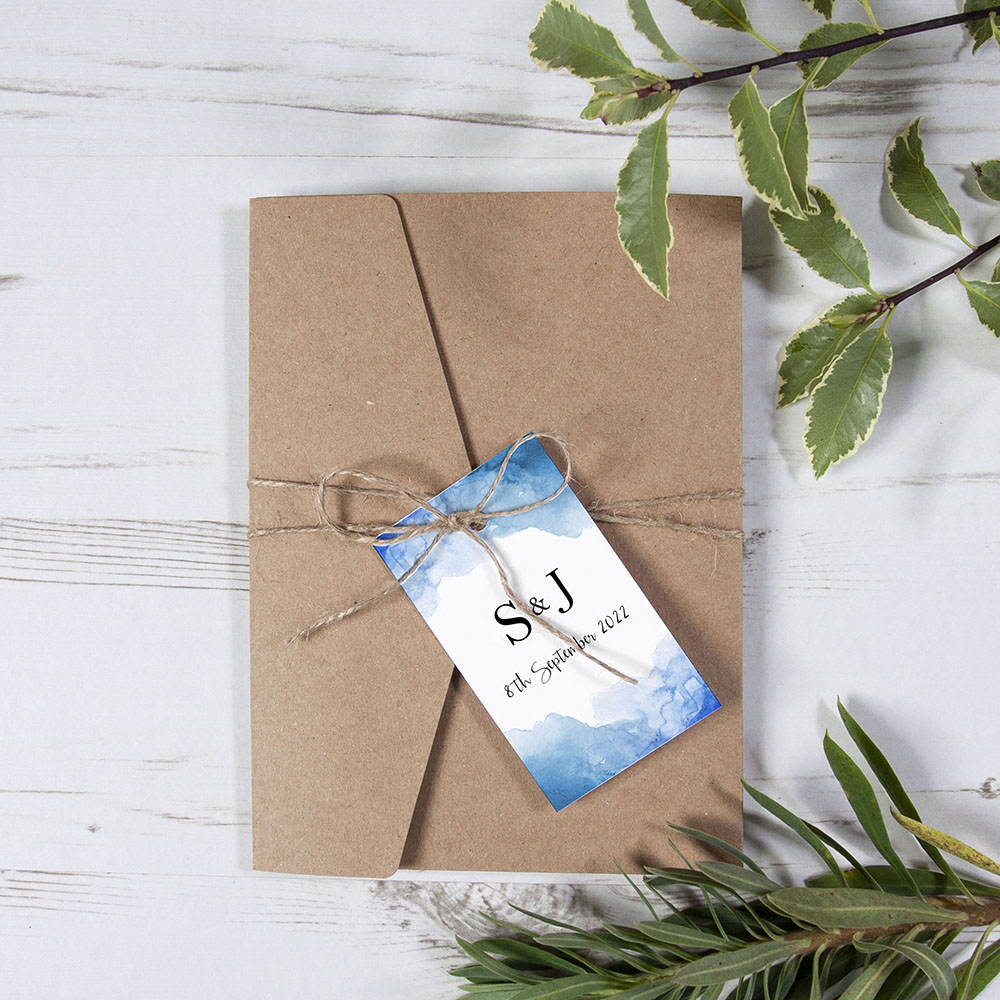 'Blue Watercolour Splash' Pocketfold Wedding Invitation Sample