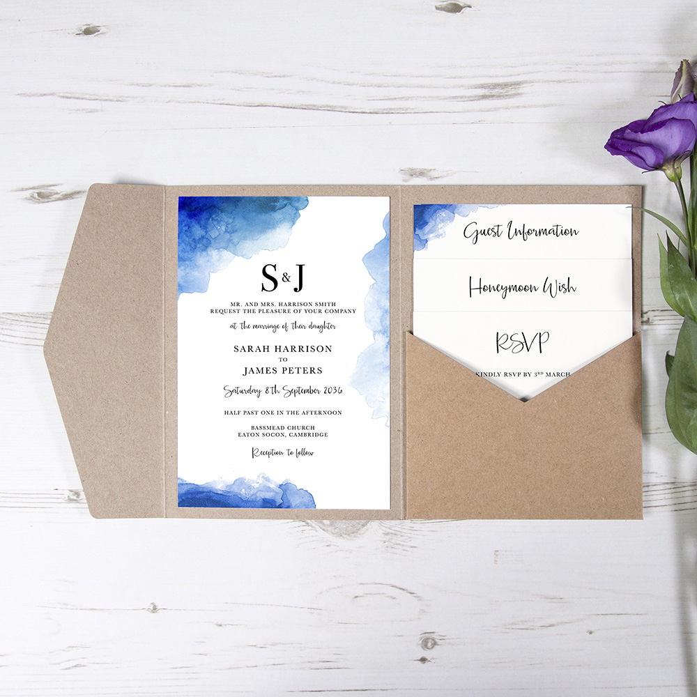 'Blue Watercolour Splash' Pocketfold Wedding Invitation Sample