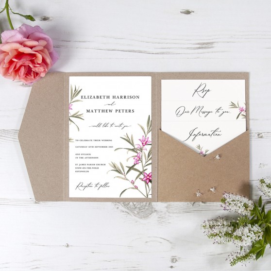 'Pink Botanical' Pocketfold Wedding Invitation