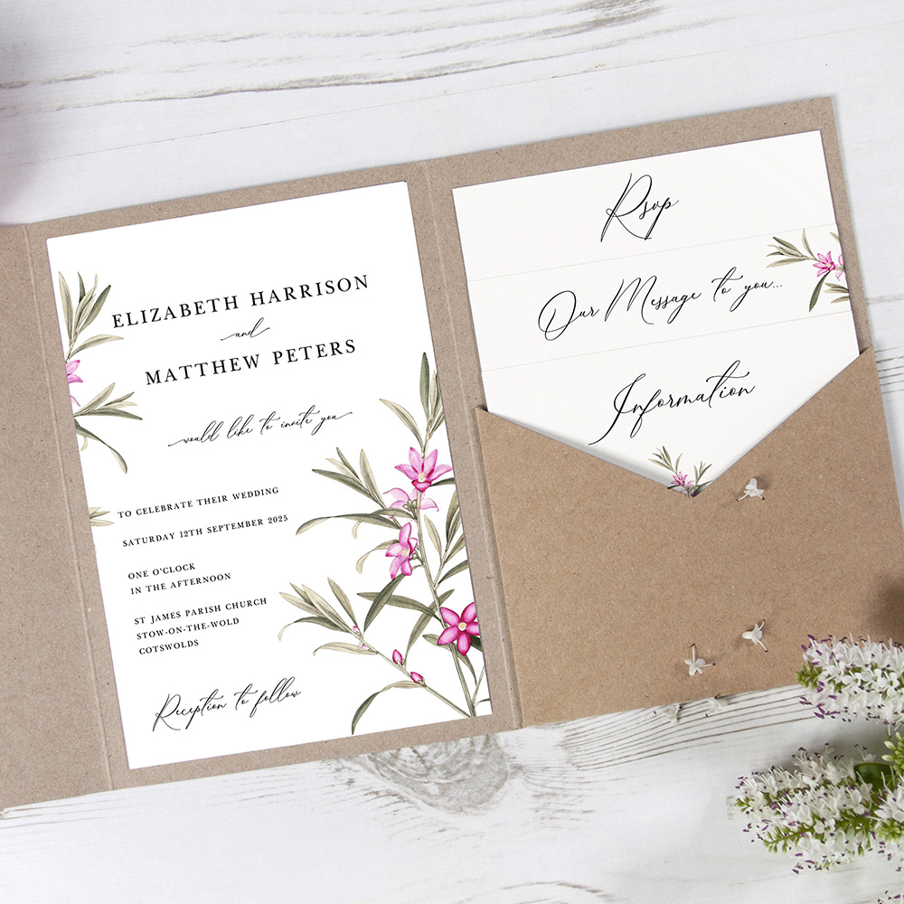 'Pink Botanical' Pocketfold Wedding Invitation