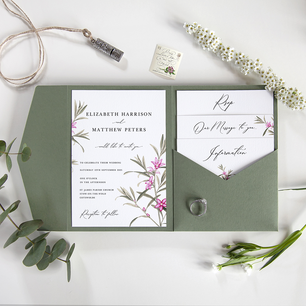 'Pink Botanical' Pocketfold Wedding Invitation