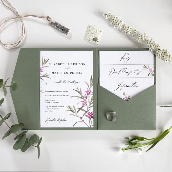 'Pink Botanical' Pocketfold Wedding Invitation Sample