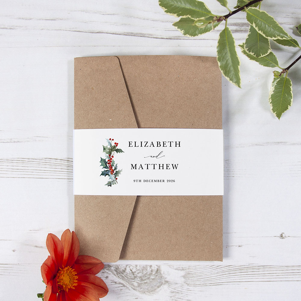 'Christmas Holly' Pocketfold Wedding Invitation