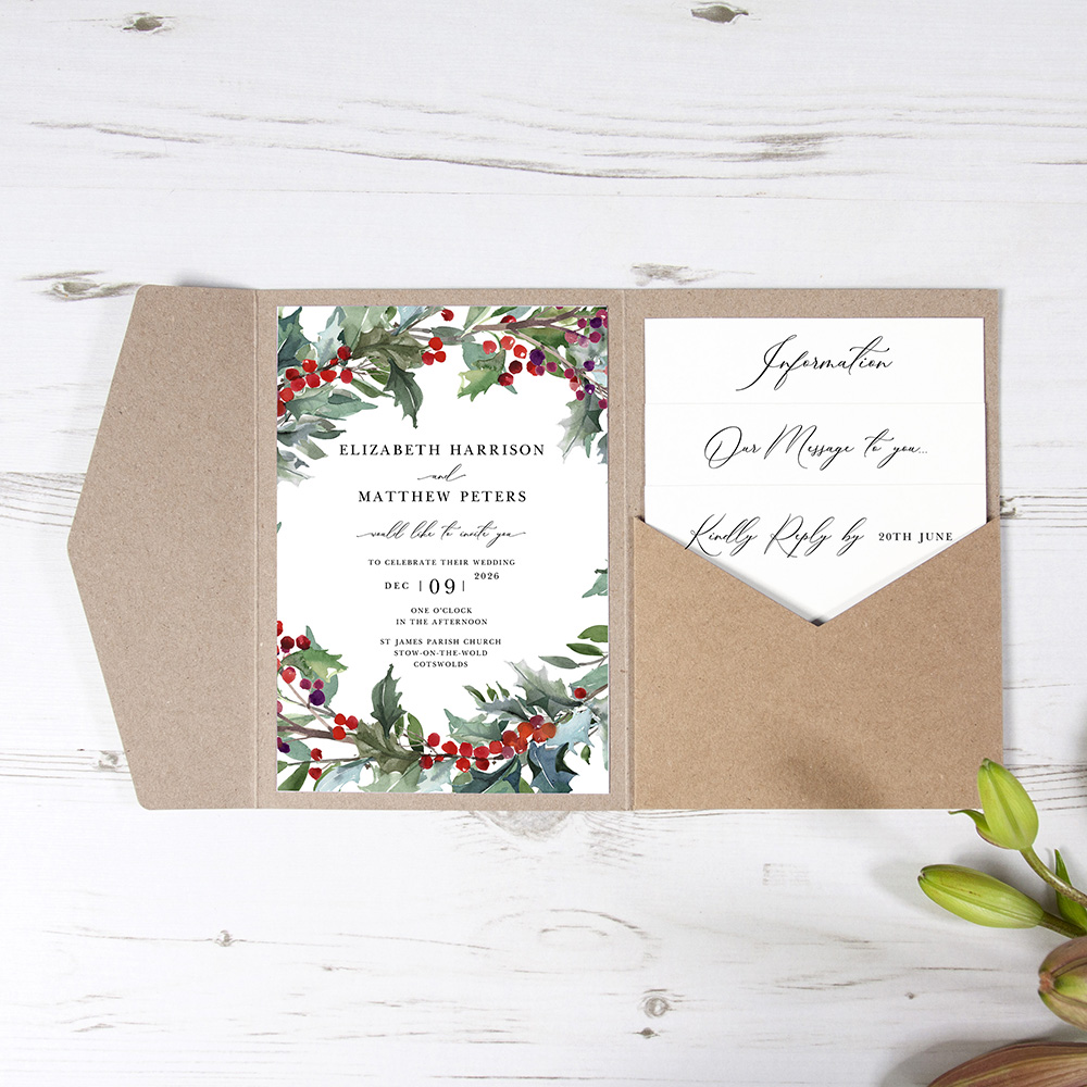 'Christmas Holly' Pocketfold Wedding Invitation