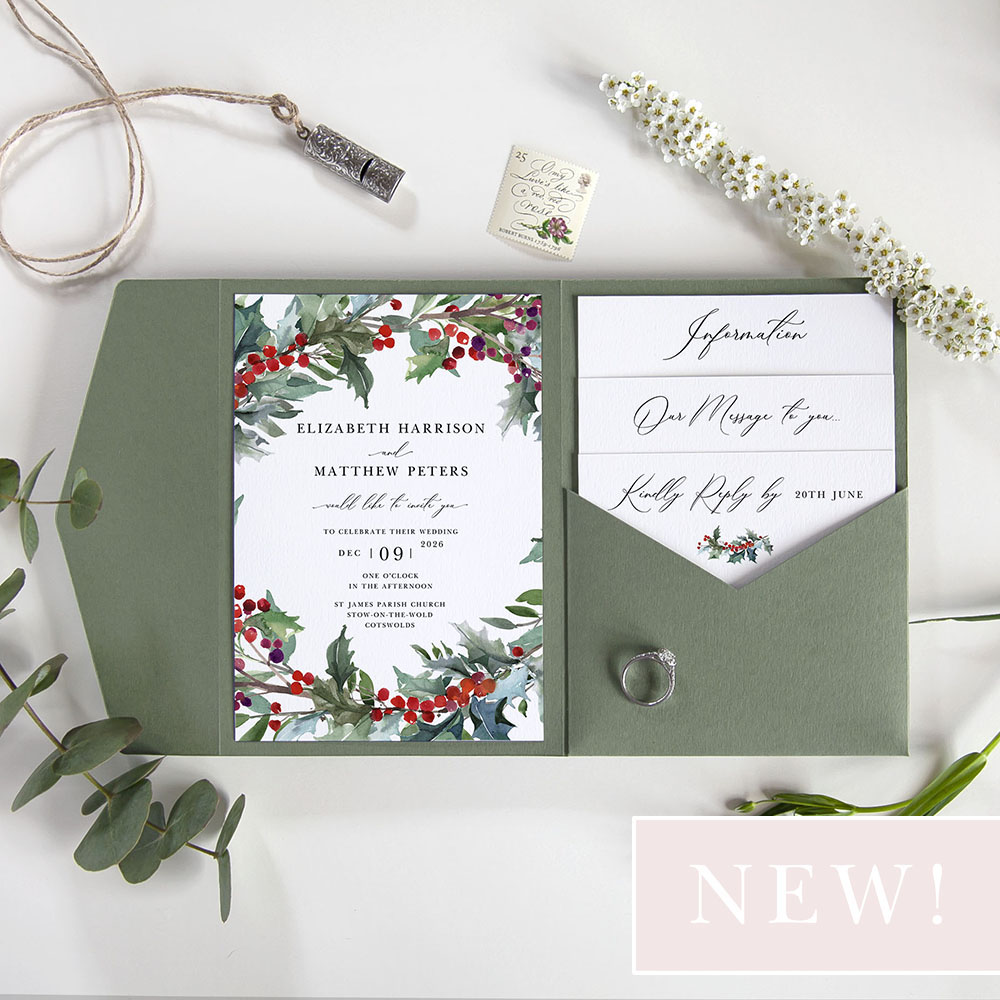 'Christmas Holly' Pocketfold Wedding Invitation Sample