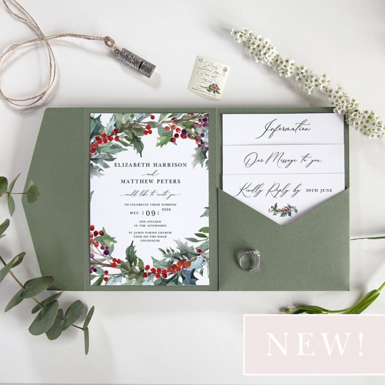 'Christmas Holly' Pocketfold Wedding Invitation Sample