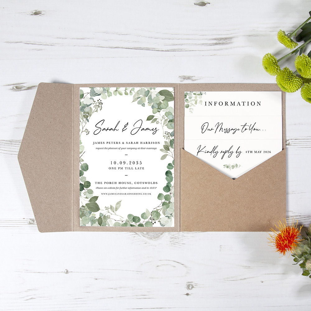 'Classic Eucalyptus CE21' Pocketfold Wedding Invitation Sample