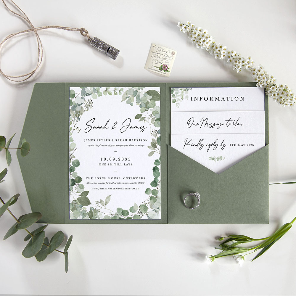 'Classic Eucalyptus CE21' Pocketfold Wedding Invitation Sample
