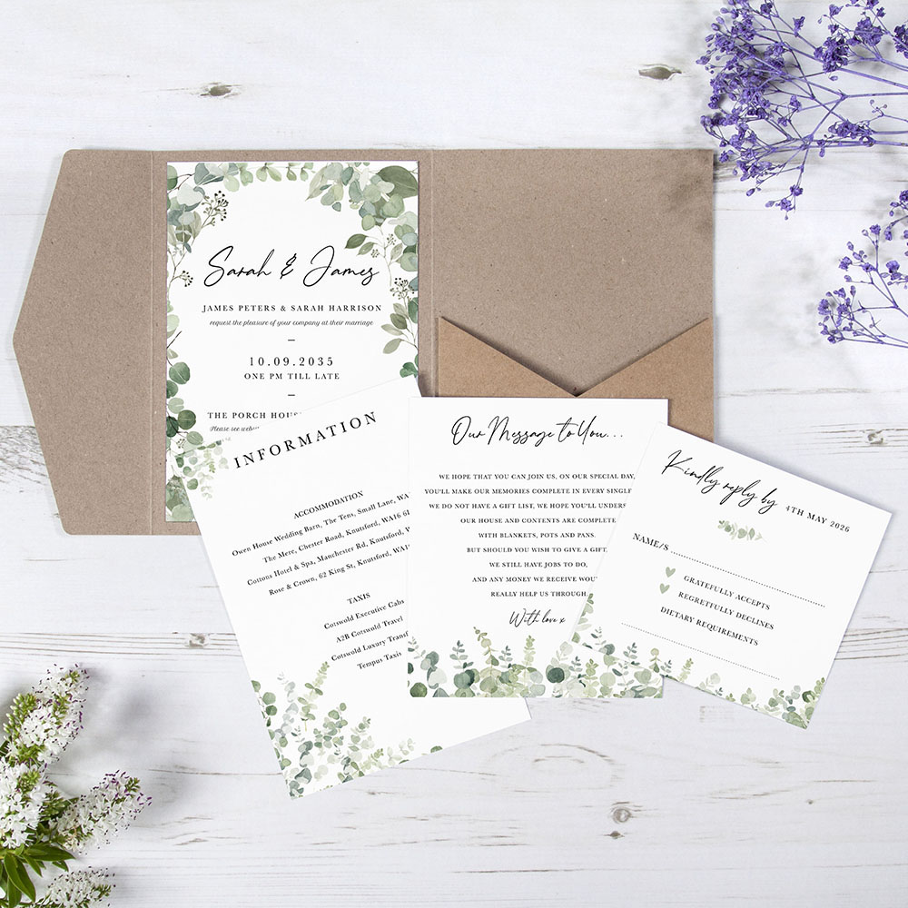 'Classic Eucalyptus CE21' Pocketfold Wedding Invitation Sample