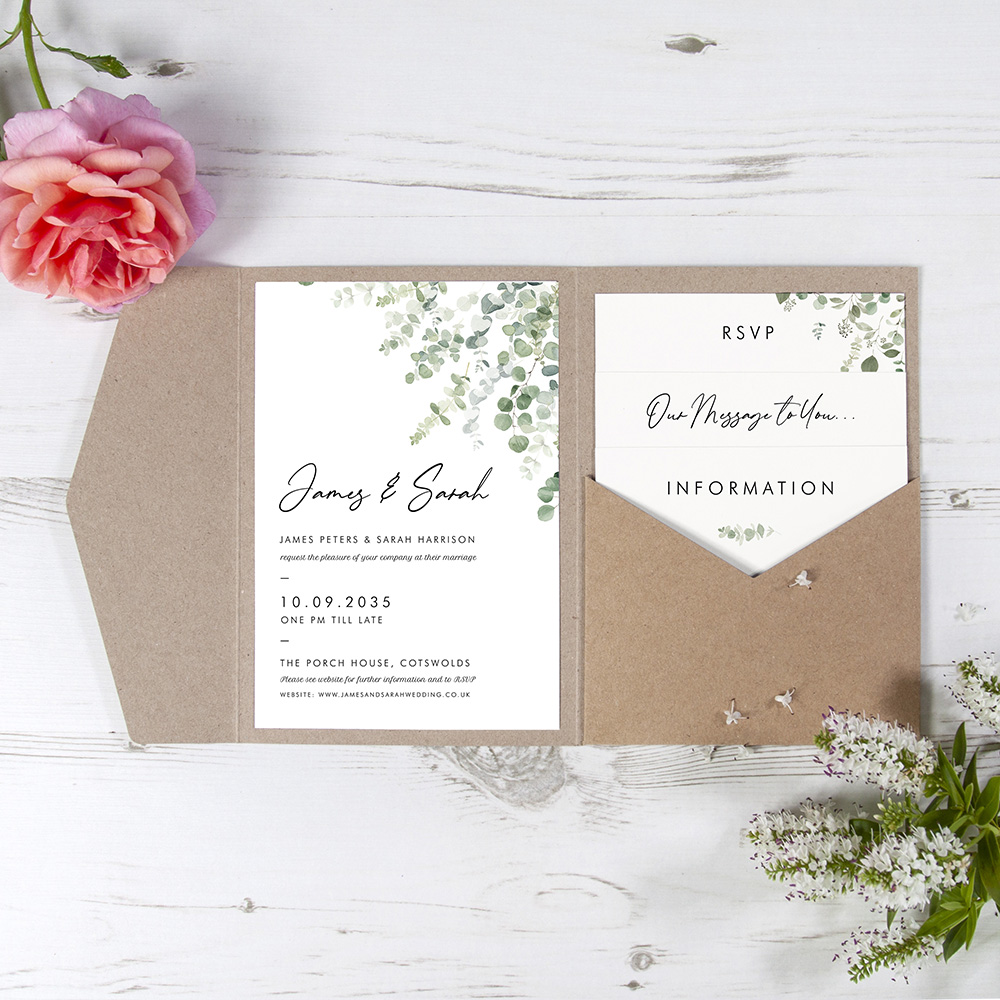 'Classic Eucalyptus' Pocketfold Wedding Invitation Sample