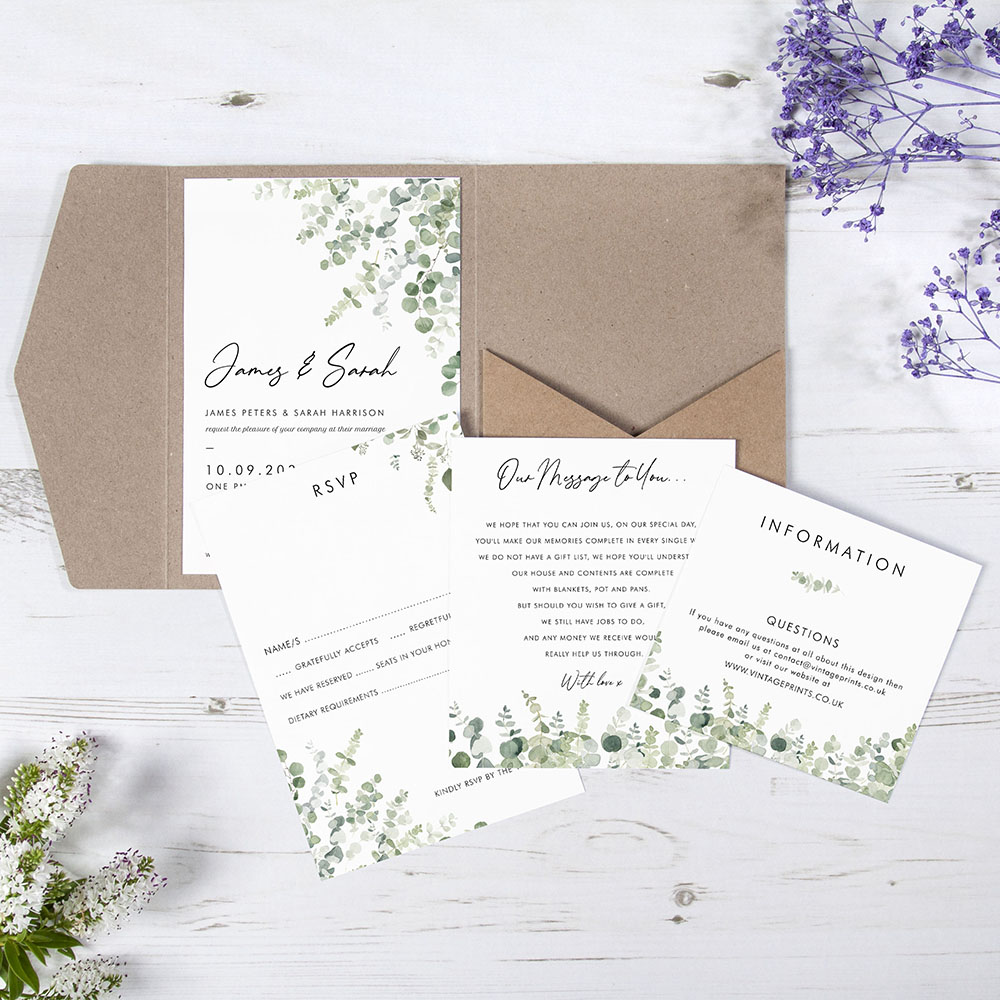 'Classic Eucalyptus' Pocketfold Wedding Invitation Sample
