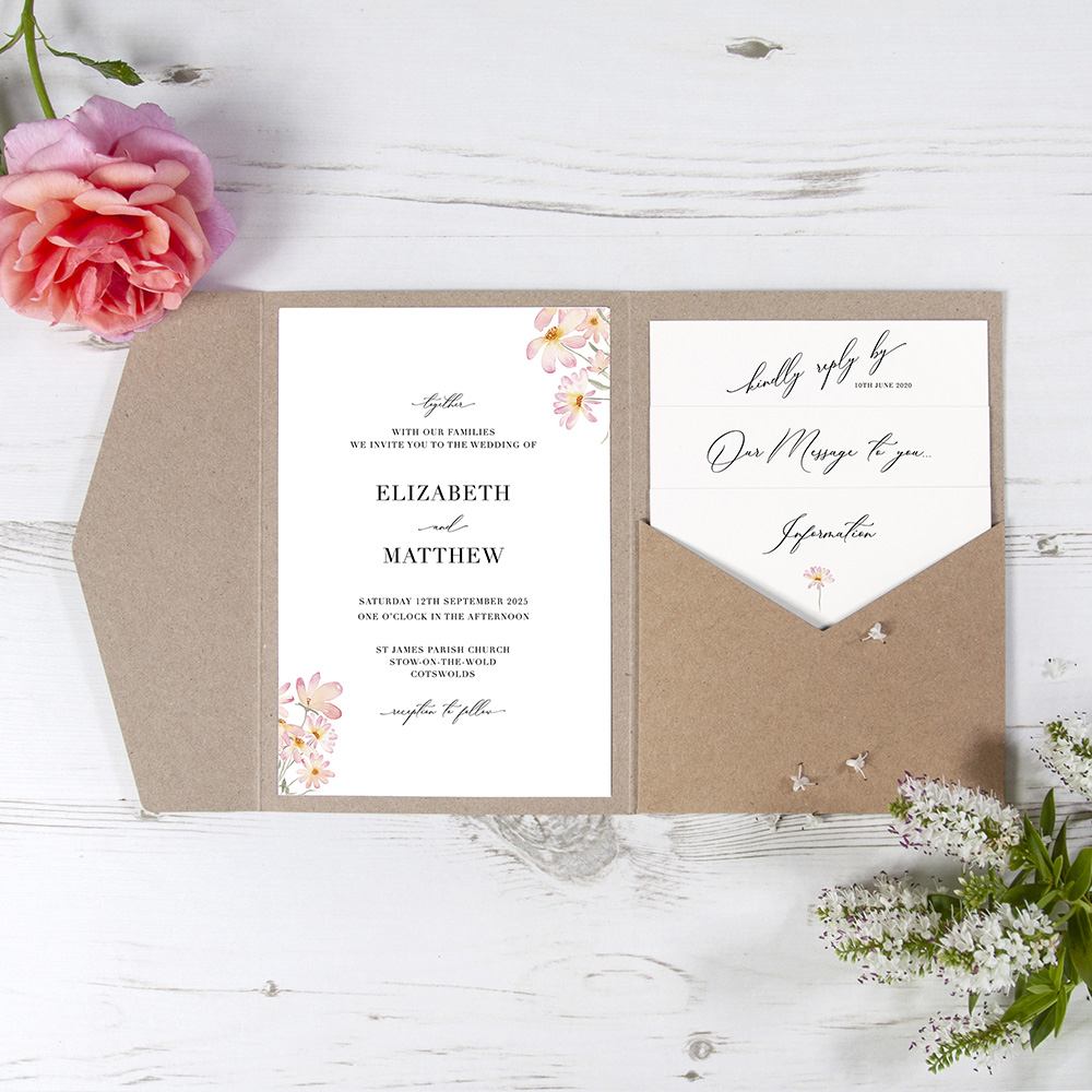 'Daisy Pink' Pocketfold Wedding Invitation