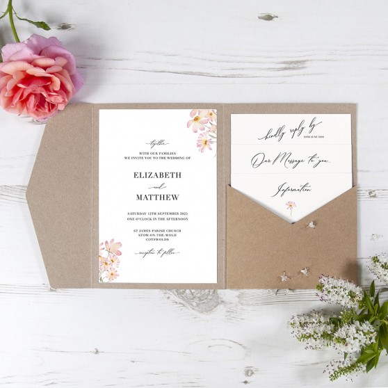 'Daisy Pink' Pocketfold Wedding Invitation Sample